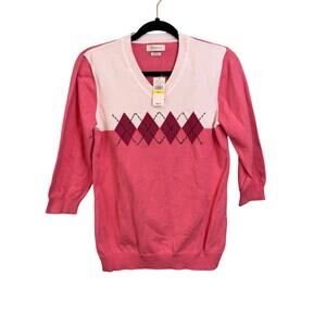Van Heusen Sweater Women M Two-Toned Pink Argyle Knit Beaded V-Neck Pullover NWT